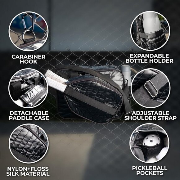 Women Black Pickle Ball Bag Detachable Paddle Case Adjustable Shoulder Strap Bag - Picture 3 of 9